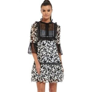 Self-Portrait black & white lace dress with silk Swiss dot details - 4 (Small)